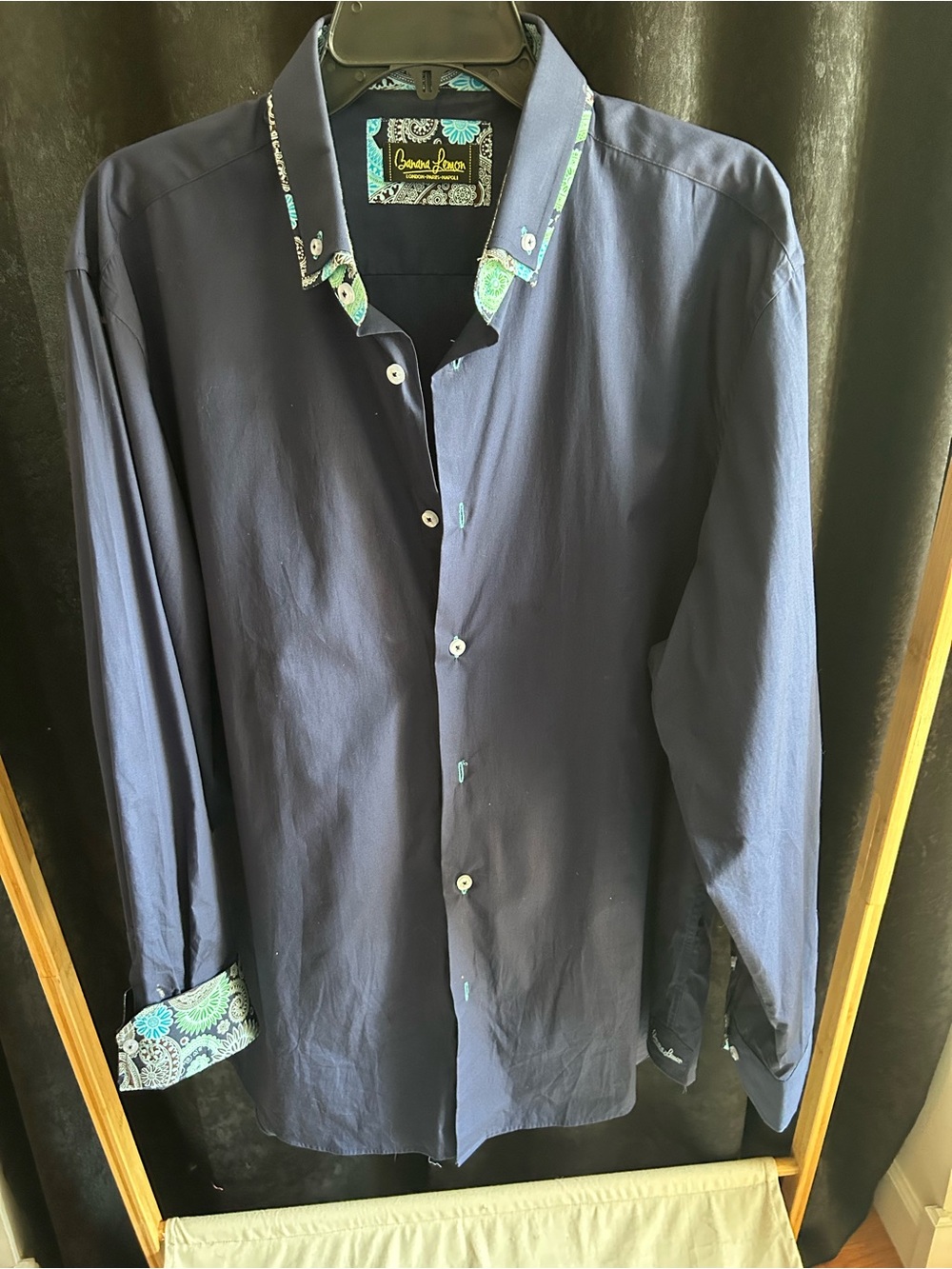 Banana Lemon Slim Fit Navy Dress Shirt with Teal Paisley Trim